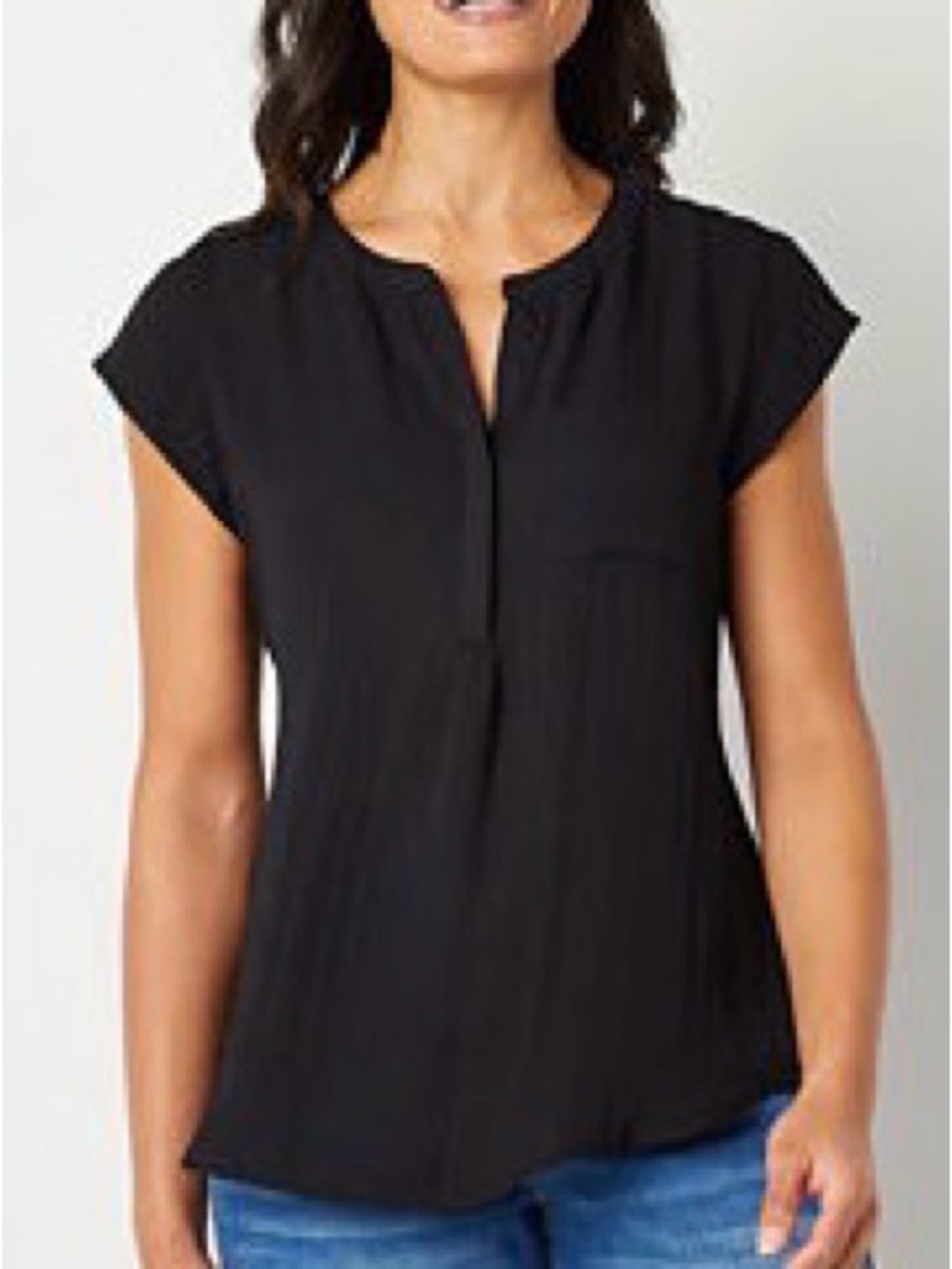 Liz Claiborne Black Short-Sleeve V-Neck Blouse with Chest Pocket